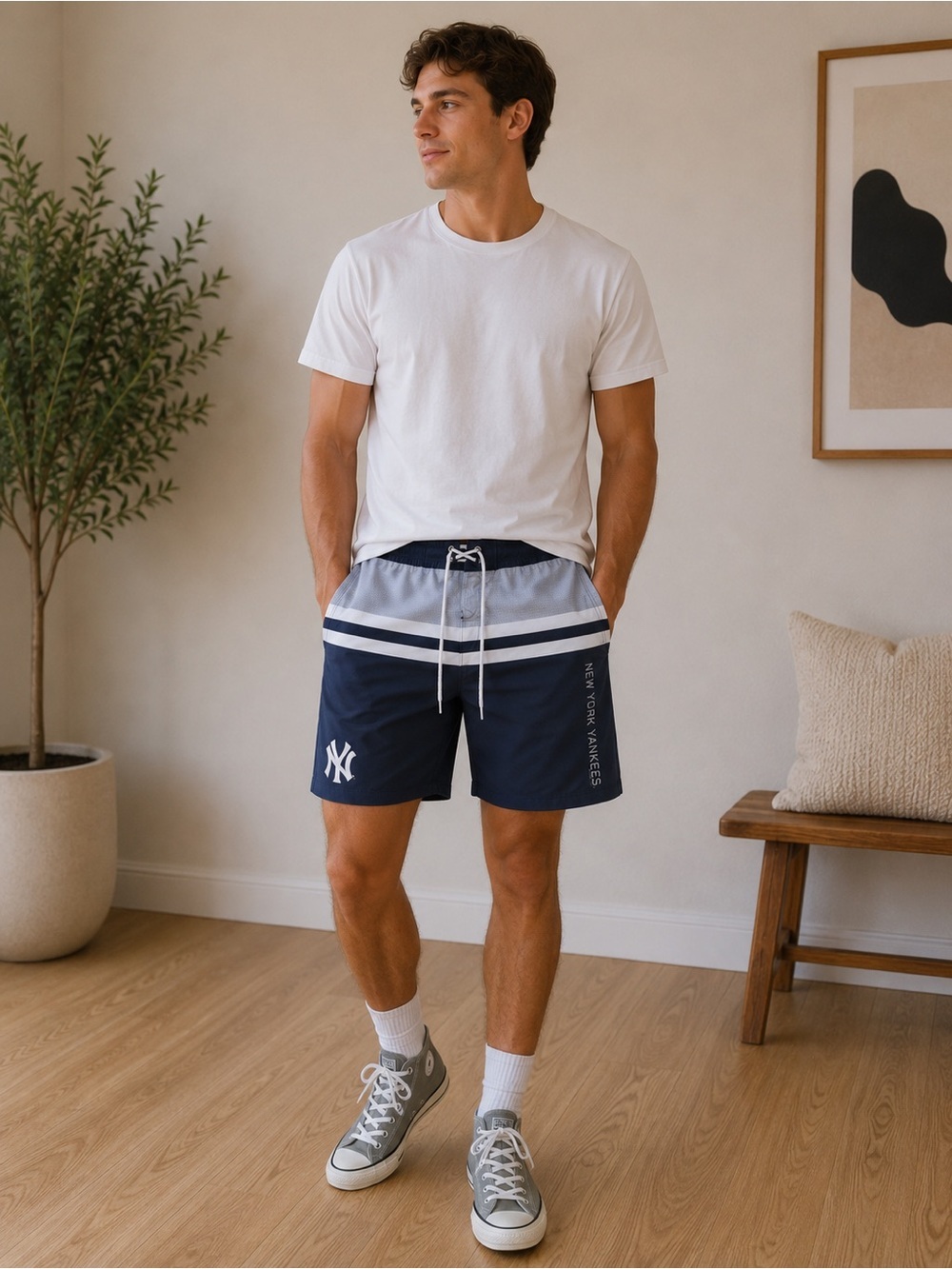 New York Yankees Navy and Gray Men's Swim Trunks with Drawstring